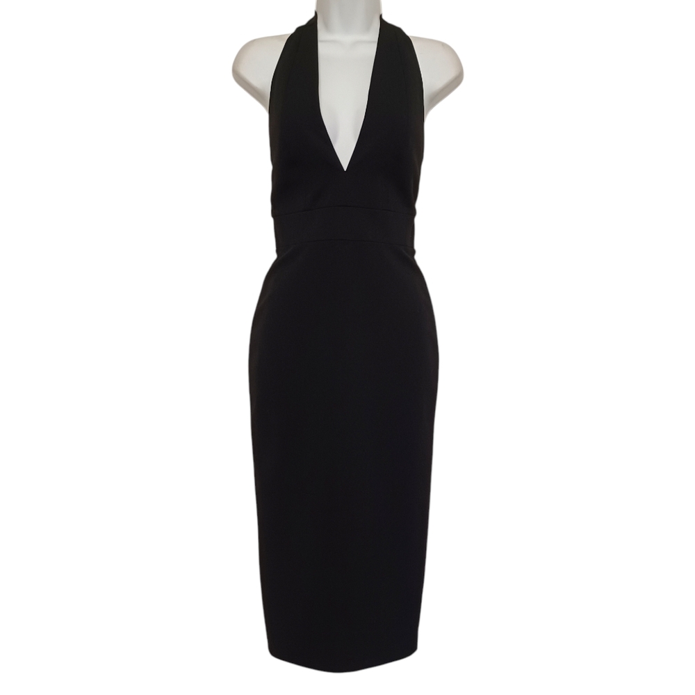 DRESS THE POPULATION Halter V Neck Black Sleeveless Sheath Midi Dress Small